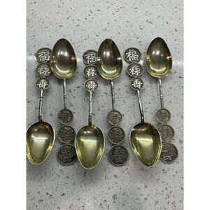 6 Vintage Chinese Export Bamboo Good Luck .925 Sterling Silver Spoons 5"